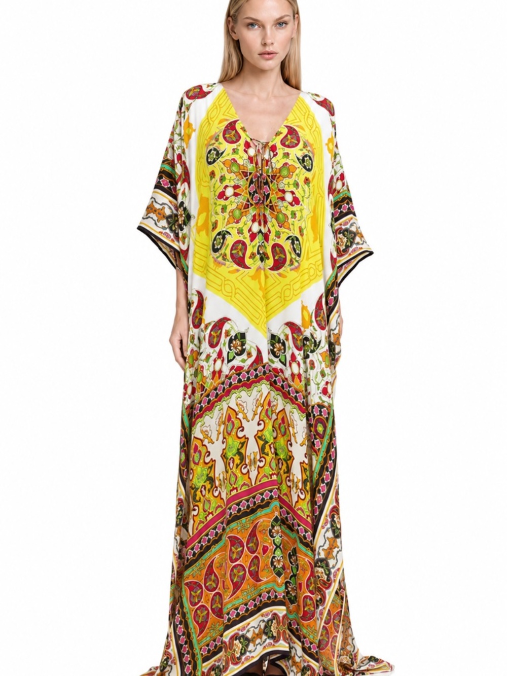 Shahida Parides Yellow Paisley Kaftan Maxi Dress Resort Vacation Caftan
